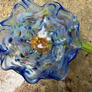 Handcrafted Blue and Green Glass Flower Sculpture